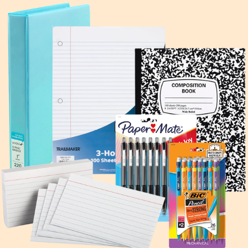 Graphic showing 6 essential school supplies: teal 1 inch binder, pack of lined paper, black and white composition notebook, pack of notecards, pack of pens, pack of pencils.
