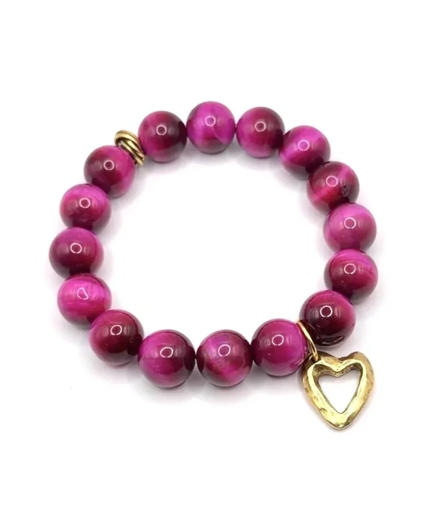 Magenta Tiger's Eye/Gold Heart Charm *Protection + Good Luck