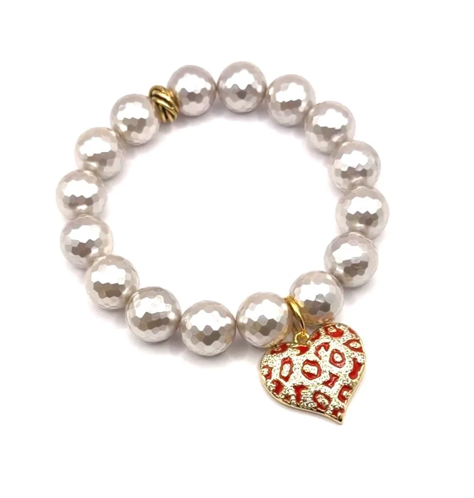 Silver Faceted Mother of Pearl with Red Leopard Print Heart *Peace + Calm