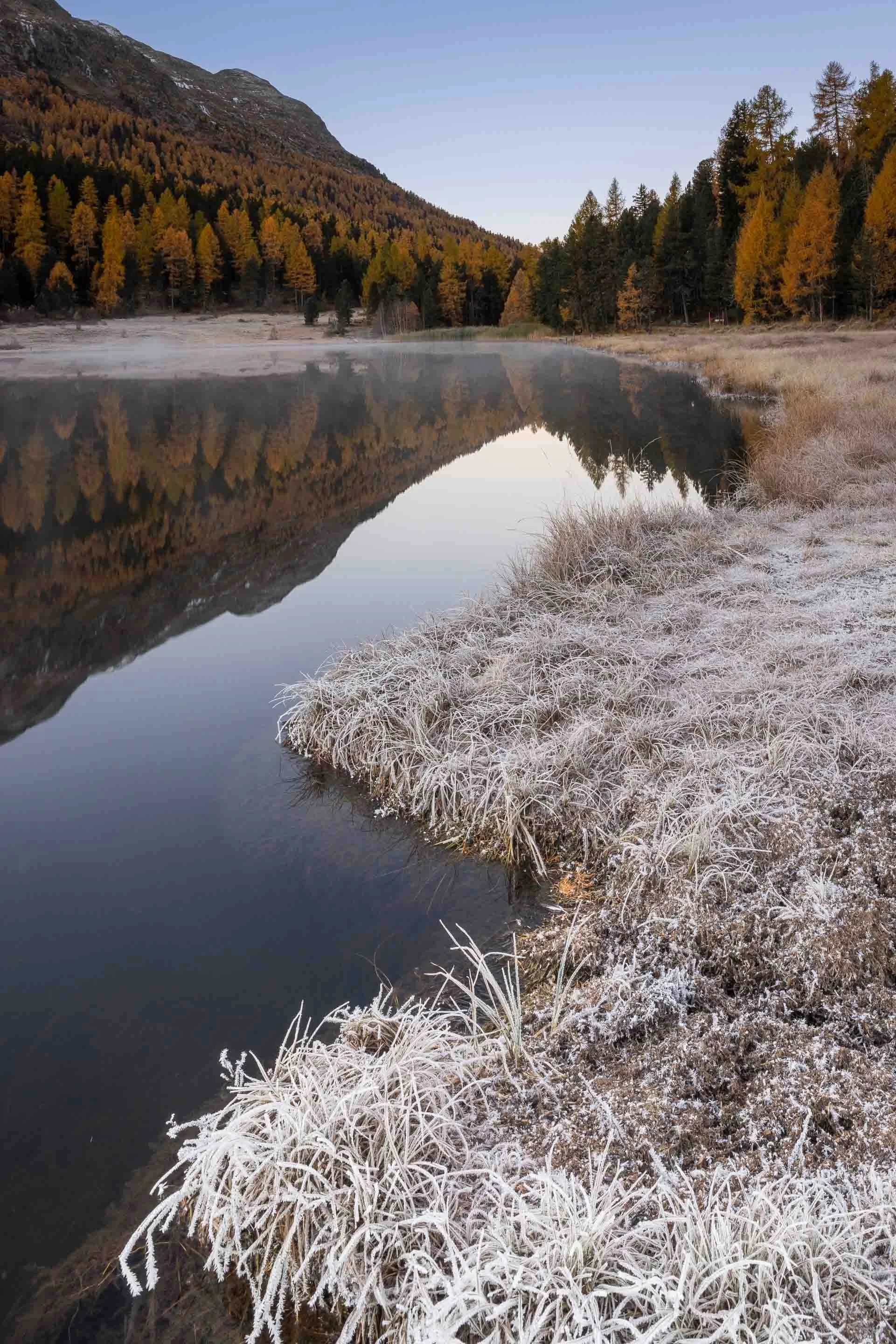 Gefrorenes Ufer am Stazersee mit Spiegelung der herbstlichen Lärchenwälder im ruhigen Wasser.