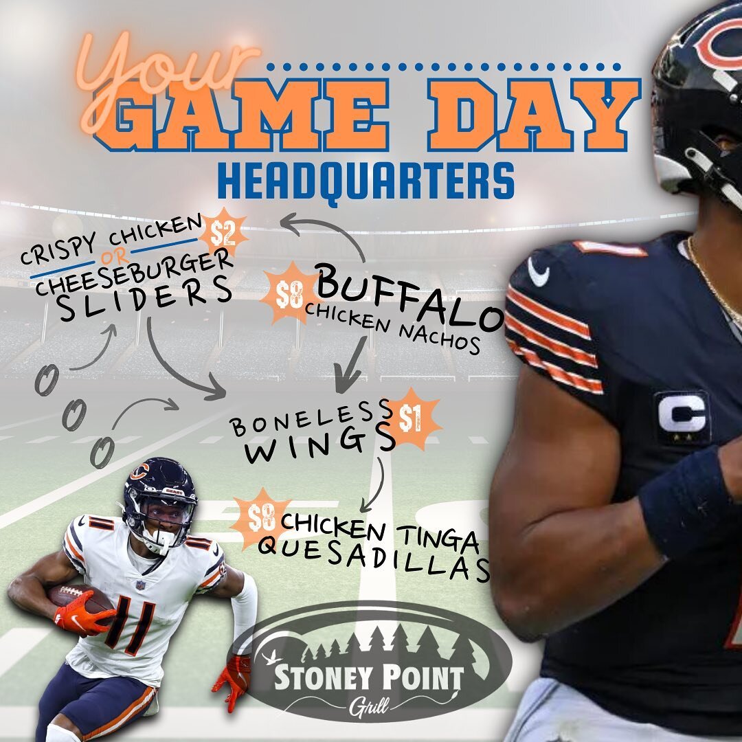 Bear Down at Stoney Point Grill 🏈 45+ TVs, 26 Beers on tap, and our Bears Game Day specials are HERE! Come on in and watch the Bears redeem themselves OR we can all cry while eating some tasty bites and drinking ice-cold beverages! 🍻