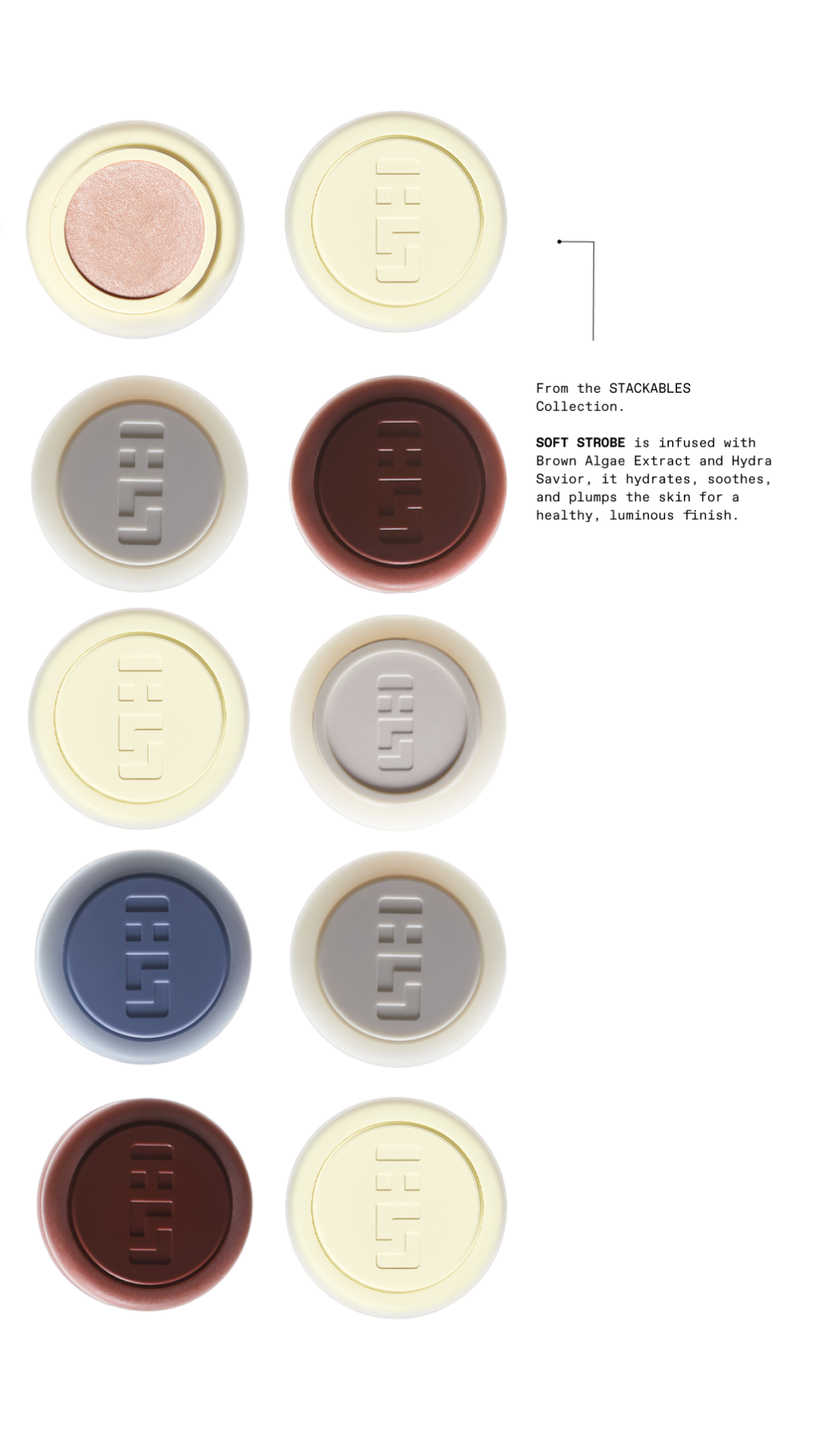 Collection de balises de maquillage colorées avec un dessous transparent, présentation de la collection STACKABLES.