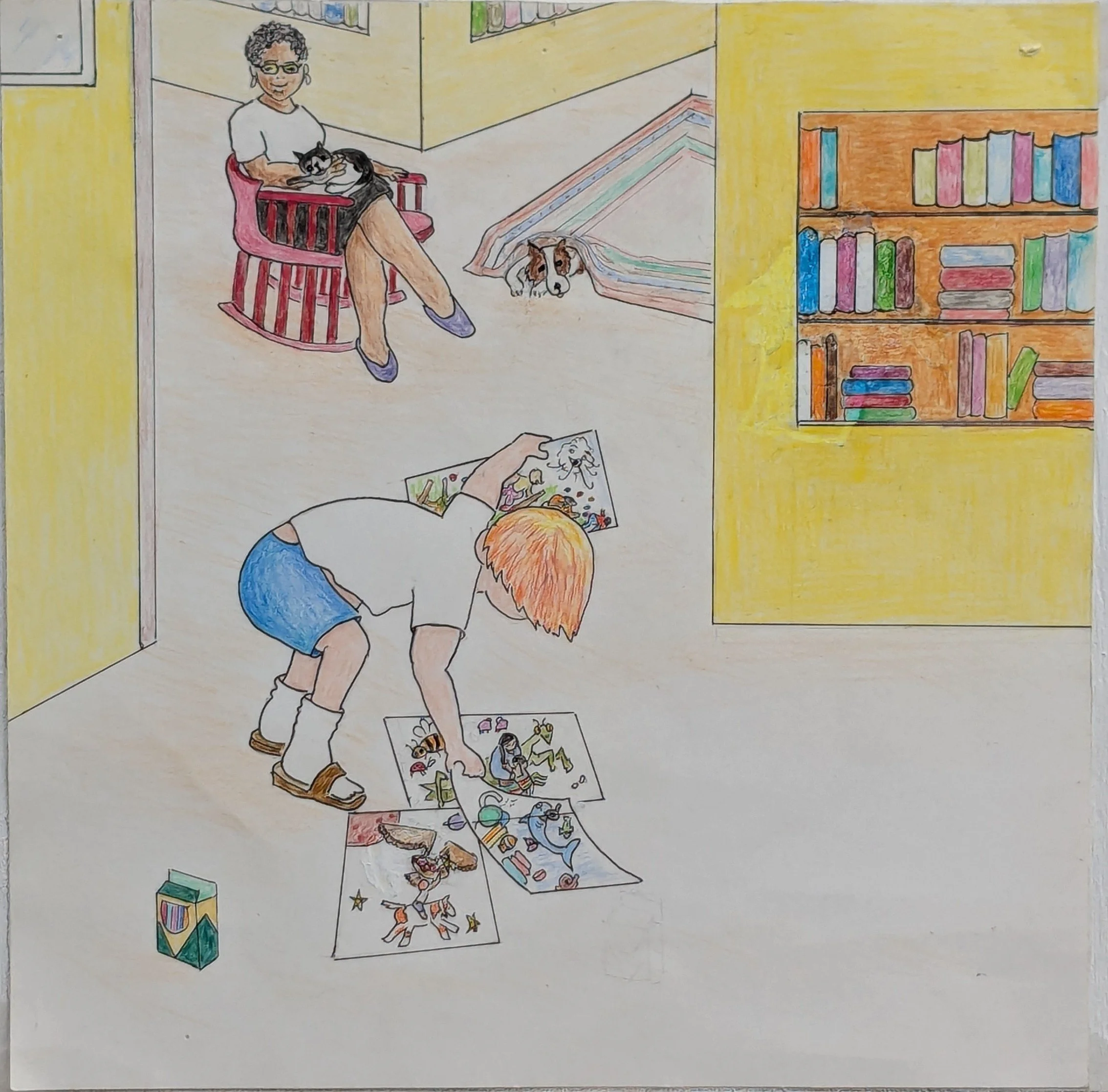 p. 14  "Ms. Burke? Am I finished? Have I written enough?  You'll see a few drawings of freaky weird stuff.  It's hard to remember all the things that I like.  I even forgot about Betty, my bike!"   