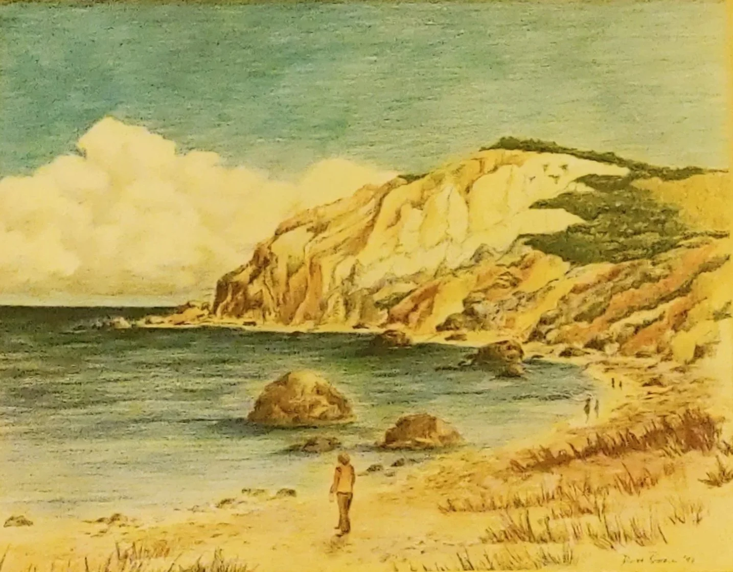 a cliff and sea shore scene painted by donna russell author of a children's picture book titled Modupay Barbara Patricia LaRue