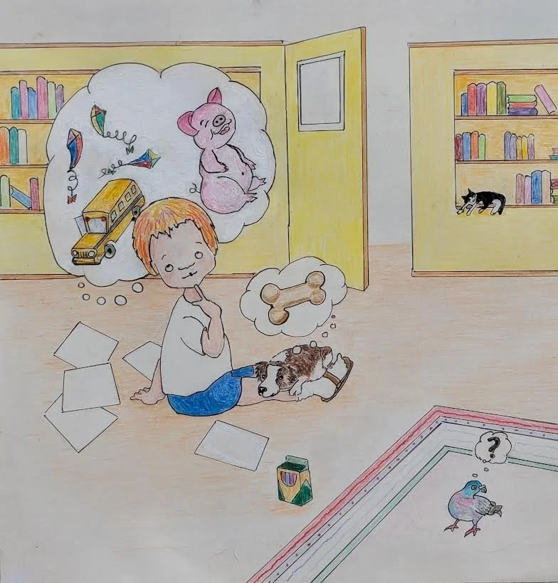 p. 9  Modupay squats near a quiet back door  And spreads out her things all over the floor.  Beau snuggles down with his head on his paws.  Modupay thinks and she writes and she draws.   