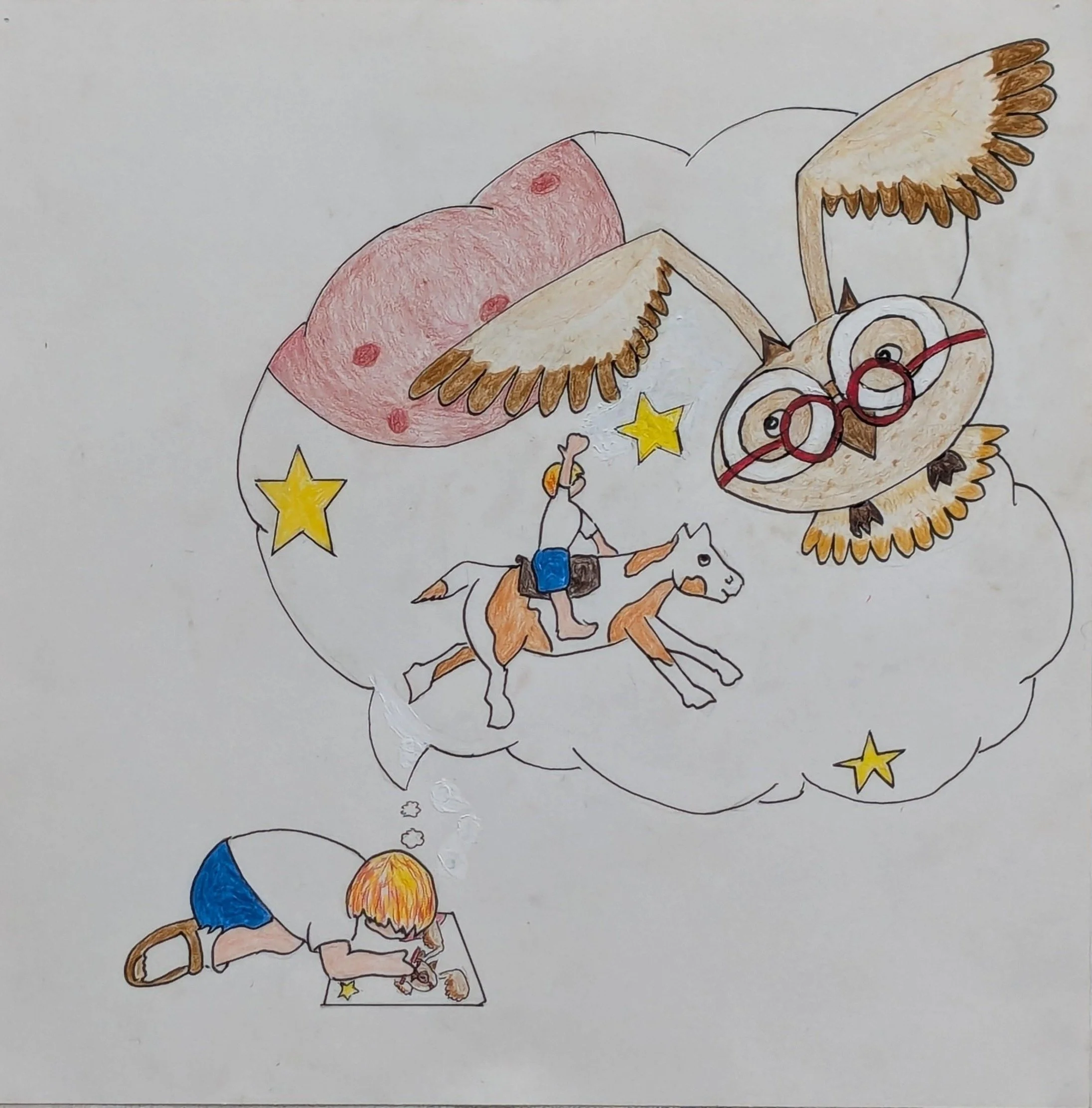 p. 10  She imagines she's riding an orange and white pony.  Do you think she should name it "Cheese Macaroni?"  She stands in the saddle to tickle the stars.  A rare spotted owl leads them toward Mars.   