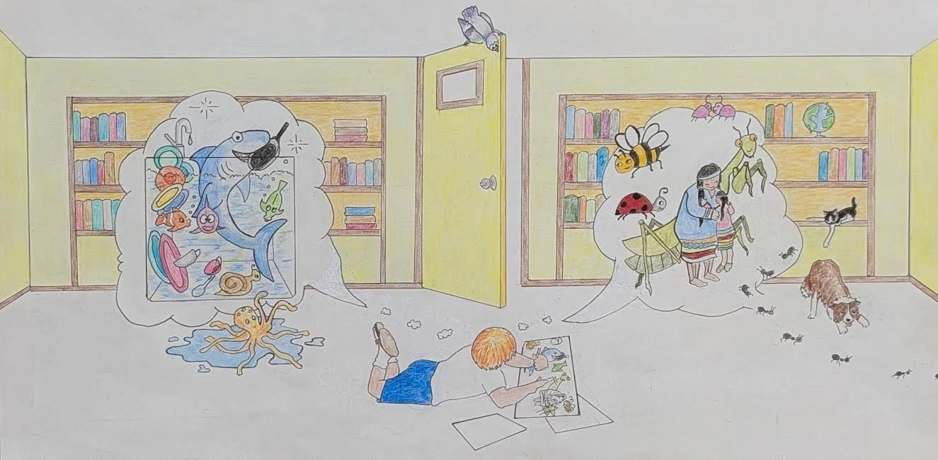 p.  12  She colors sea creatures and bright purple fishes  Who live in a sink just to do dishes.   p. 13  She makes pictures of kisses and pictures of hugs  And eyeball-to-eyeball encounters with bugs.   