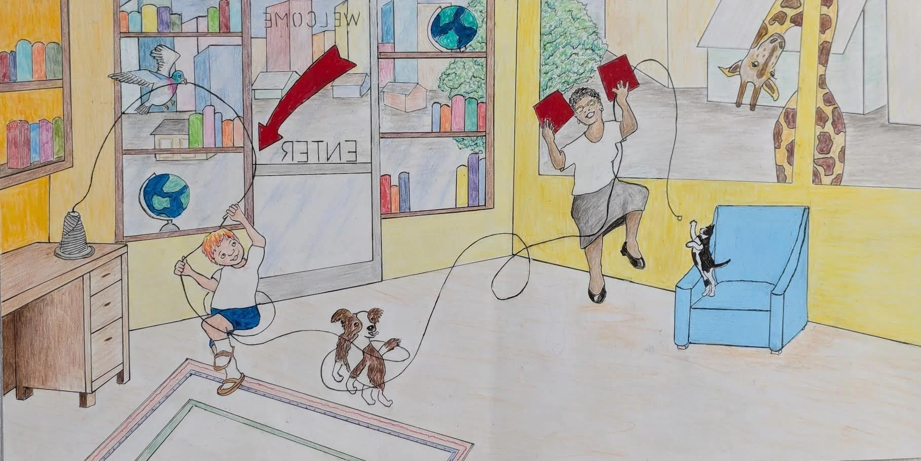 p. 16  With cardboard, some tape, and a thick spool of thread  Ms. Burke binds it up. "Look! A book to be read!  Here's the story you wanted, right from the start.  It's the one that you found in your mind and your heart."   p. 17  For the cover Ms. 