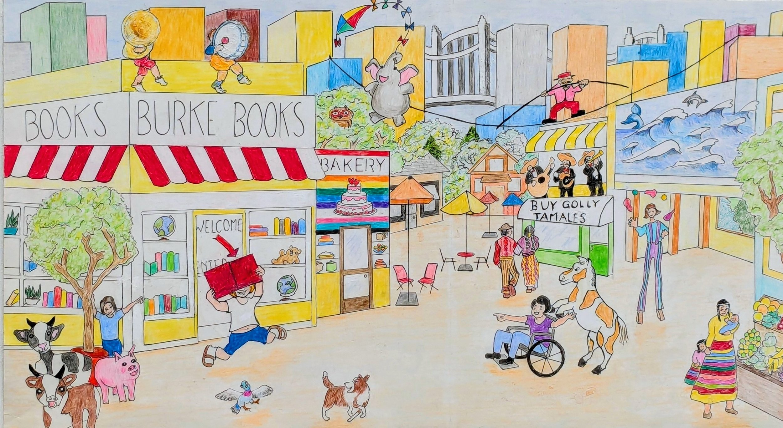 p. 18  Modupay leaps with her book in the air.  A friend in the mall yells "What ya got there?"  "I did it! I did it! I made me a story!  From the first page to last, it's just hunky dory!  I drew all the pictures and practiced my letters.  I really 