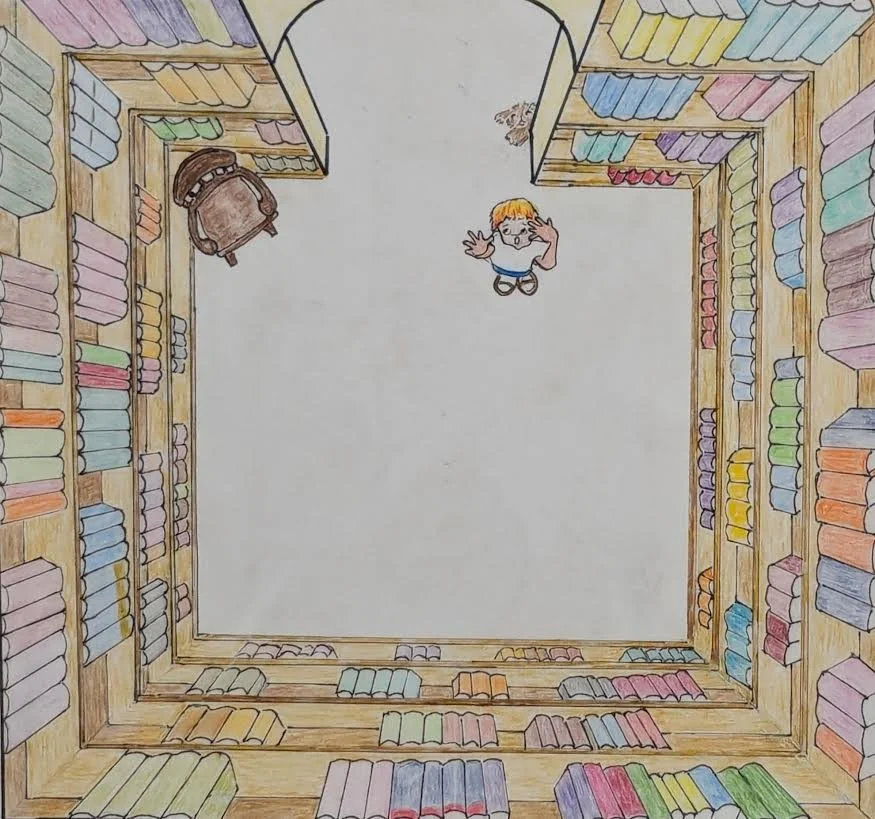 p. 7  "Thank you, Ms. Burke. This will be easy!"  But as she steps in, her tummy feels queasy.  Her eyes open widely. Her head begins reeling.  Books climb every wall from the floor to the ceiling.  "Did I happen to tell you? My home's very small.  I