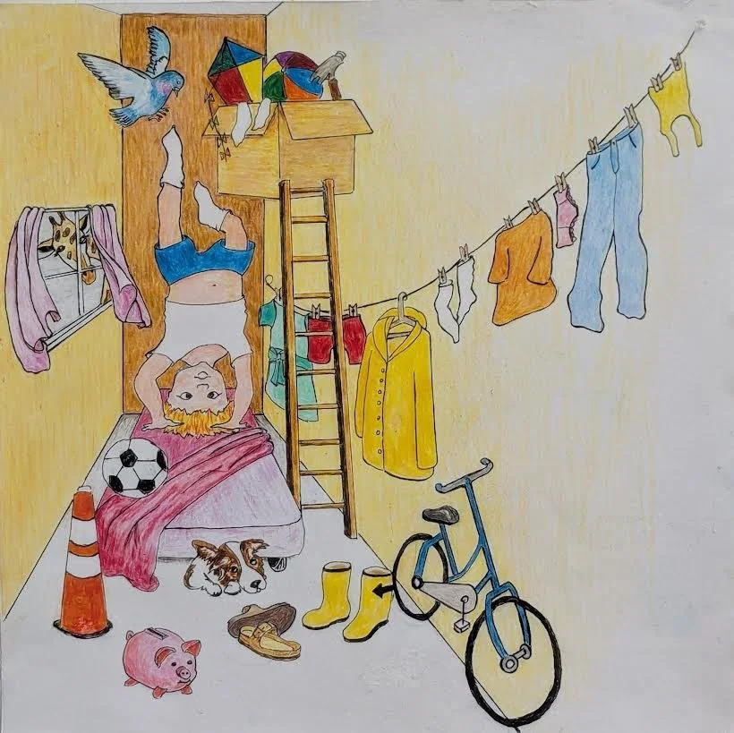 p. 2   Beauregard Brownhound, a feisty young pup,  Fits under the bed if he doesn't stand up.  Pamela Pigeon swoops in from the street.  She gurgles and coos cuz pigeons don't tweet.  Modupay's room is a bit of a zoo.  Squished full of stuff and none