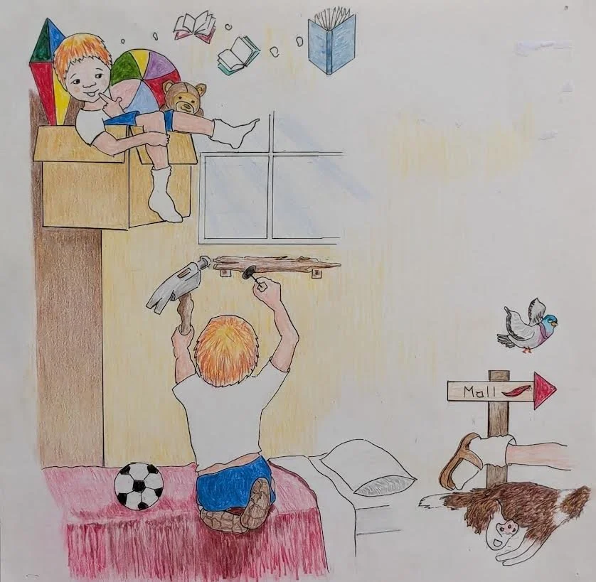 p. 3  "Is my room too tiny for one little book?  Pamela, Beauregard! Come help me look!  If we whack some nails in this old piece of wood  It's a rack for a book. It should work pretty good.  C'mon, Pam and Beau, let's run to the store!"  All three o