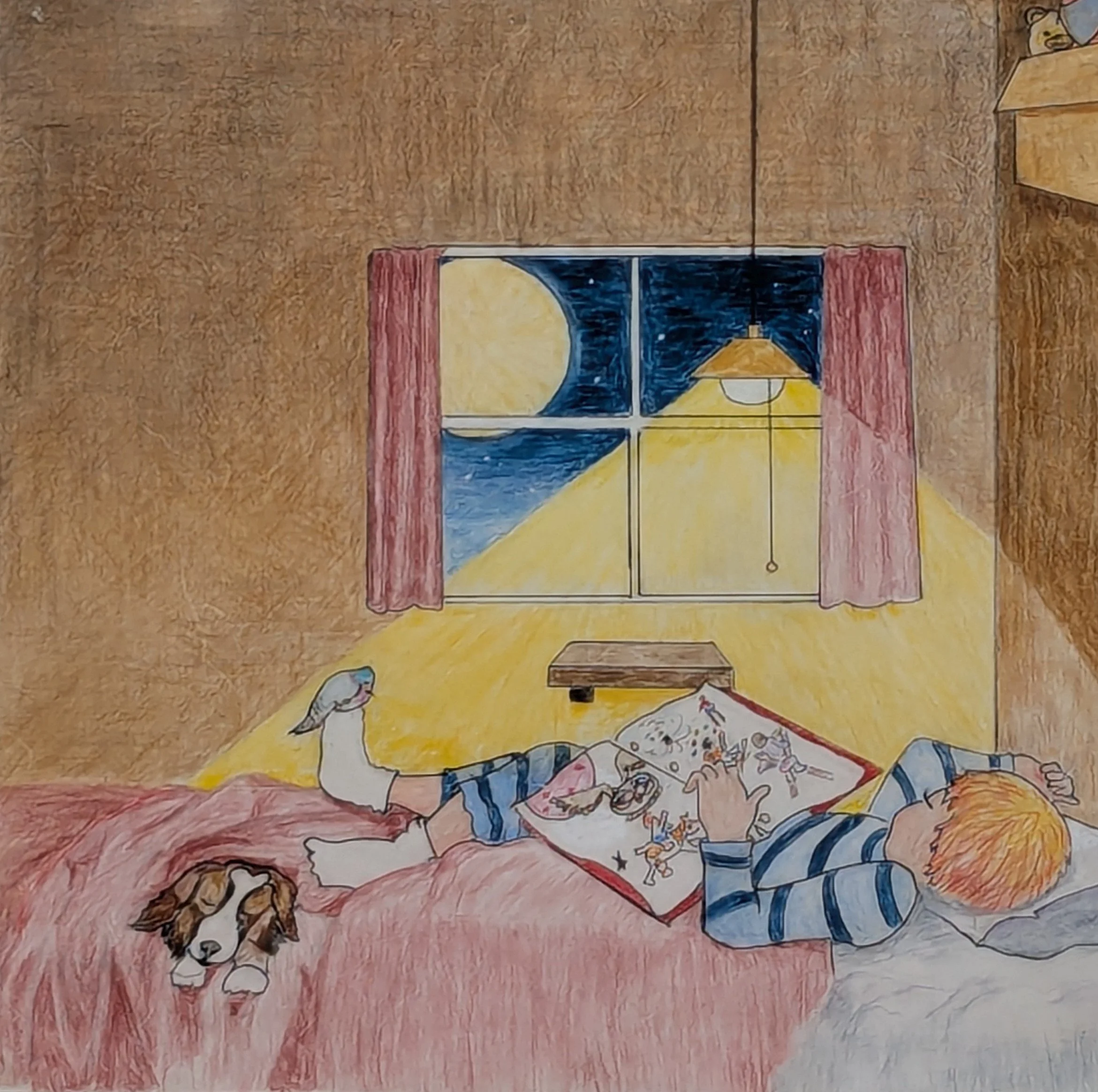 p. 20  Modupay and her friends are tucked in till morning.  It's mostly quiet but Pamela's snoring.  Modupay falls asleep with a satisfied sigh  And a grin on her lips. Do you think you know why?  Well, there on her tummy propped up by the shelf  Is 