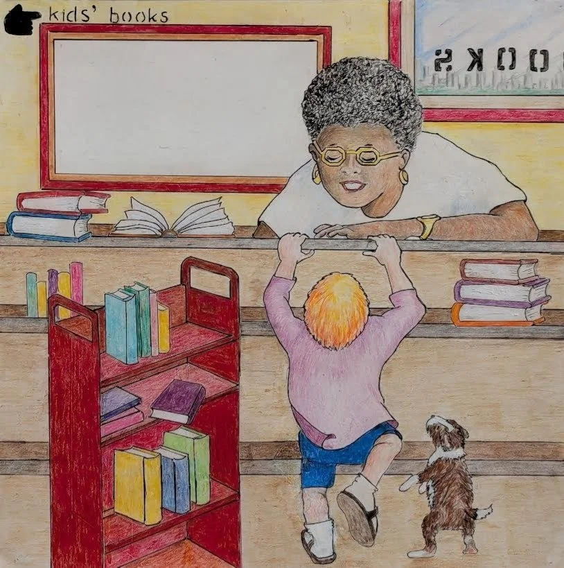 p. 6  "Hi!"  "I'm Modupay Barbara Patricia LaRue."  Ms. Burke smiles back, "Well, how do you do?"  "Can Beauregard stay? He wears a flea collar.   And I want a book that costs less than a dollar.  A book one inch wide or a little bit smaller  And ten