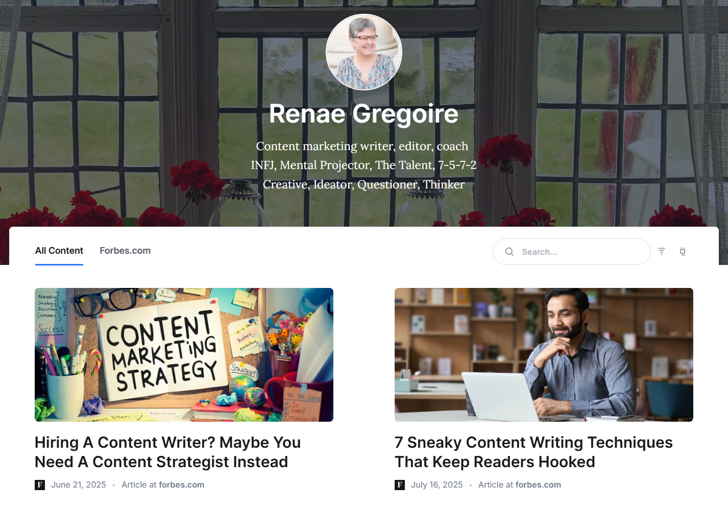 Screenshot of writer, editor, Renae Gregoire's Authory portfolio
