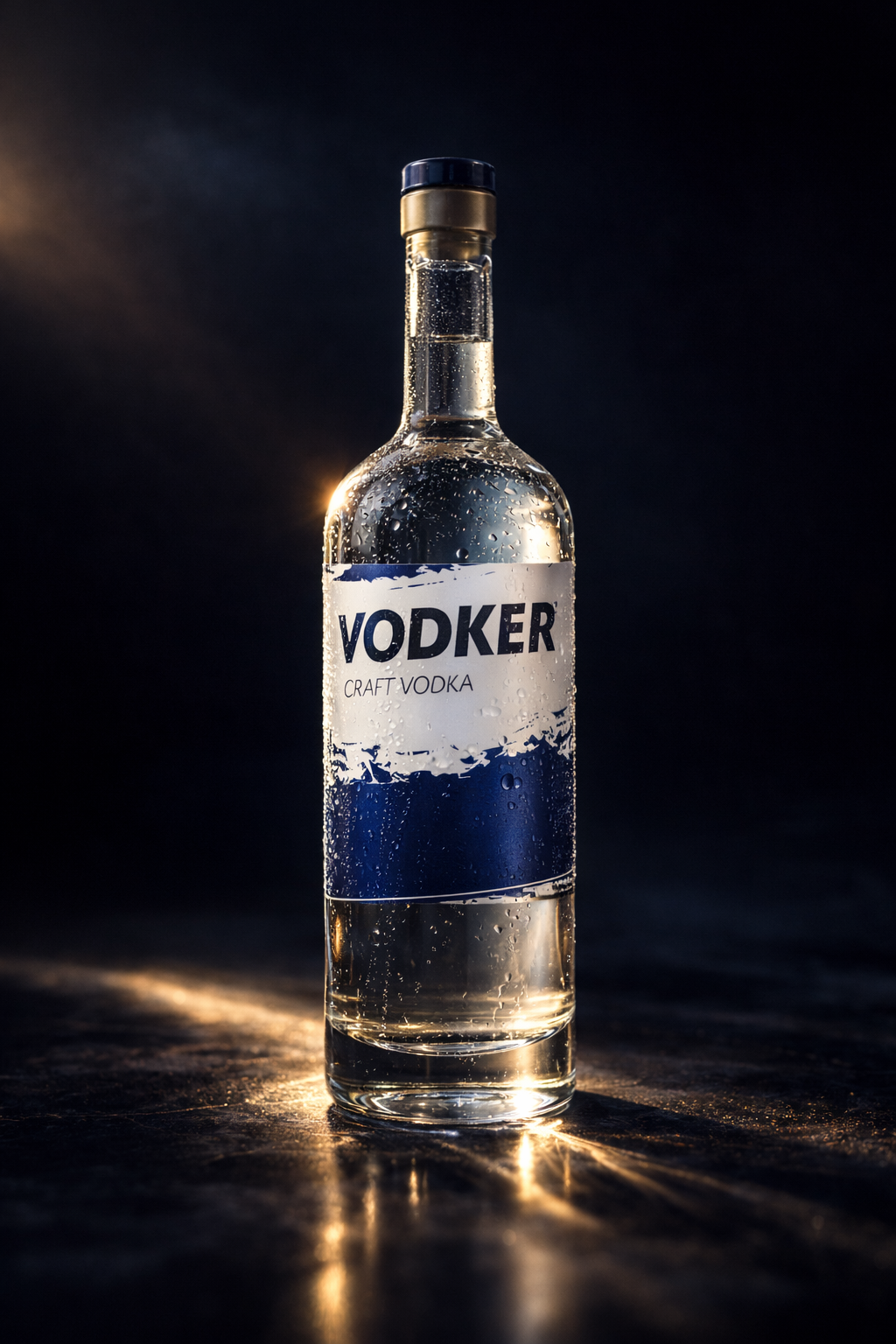 VODKER® Craft Vodka bottle product shot, premium Southern California craft vodka with proprietary charcoal filtering, midnight navy background