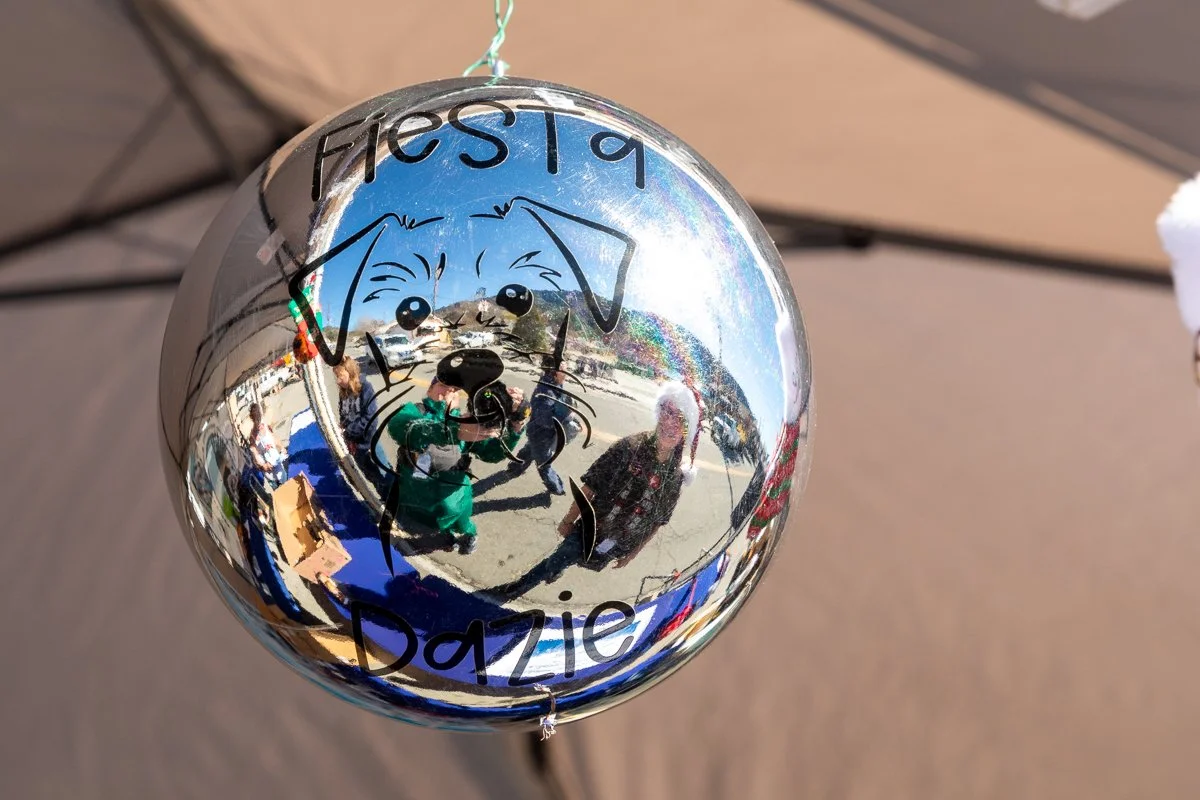 A shiny silver balloon with a drawing of a dog and the words 'Fiesta Dazie' written on it, reflecting people and tents at an outdoor event.