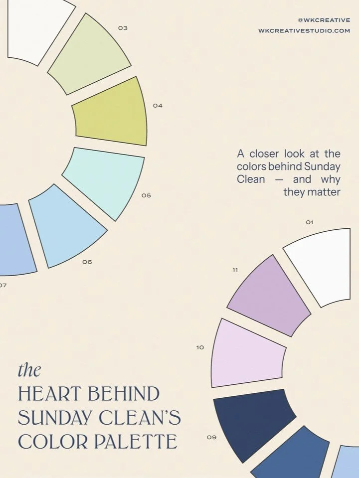 Save for Color Inspo ✨

For this palette, we focused on colors that reflect the heart of the Sunday Clean brand:

🫧 Blues represent trust, clarity, and sparkling clean spaces.

🧼 Greens evoke freshness, renewal, and balance.

💜 Purples bring in a 