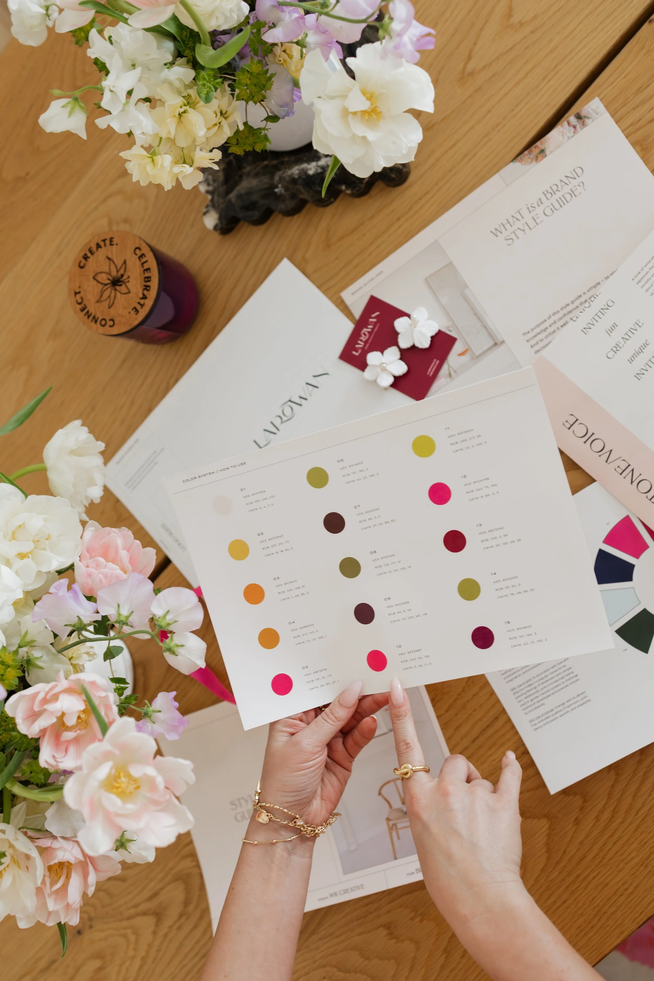 Brand identity mood board with color swatches, logo sketches, and fonts for a feminine rebrand by WK Creative Studio