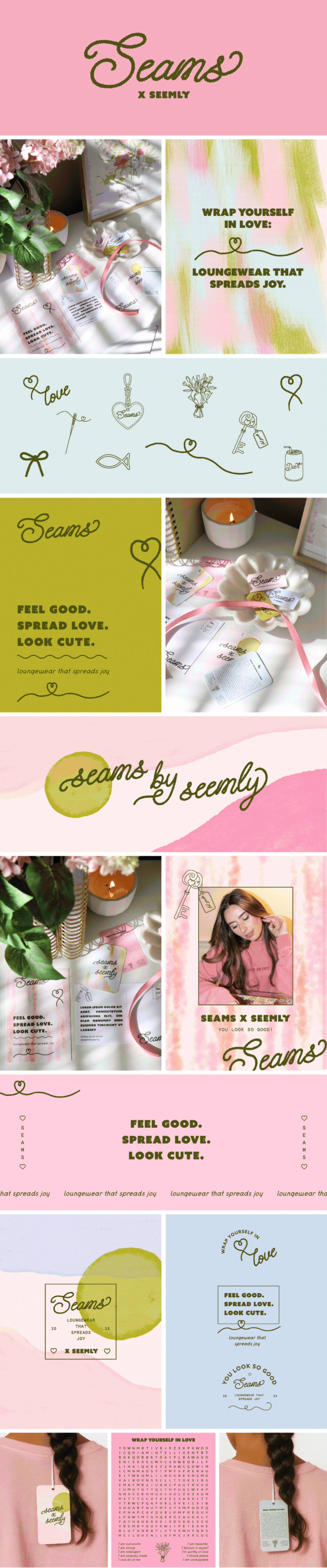 Loungewear brand collateral for Seams x Seemly: hang tags, care cards and stickers styled with pink ribbon