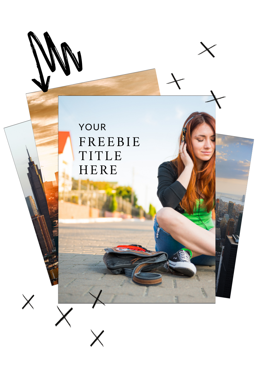 An overlay of three images, with the main focus on a young woman with red hair, sitting on the sidewalk listening to music with headphones, next to her backpack and shoes, with a cityscape in the background and space for a freebie title.