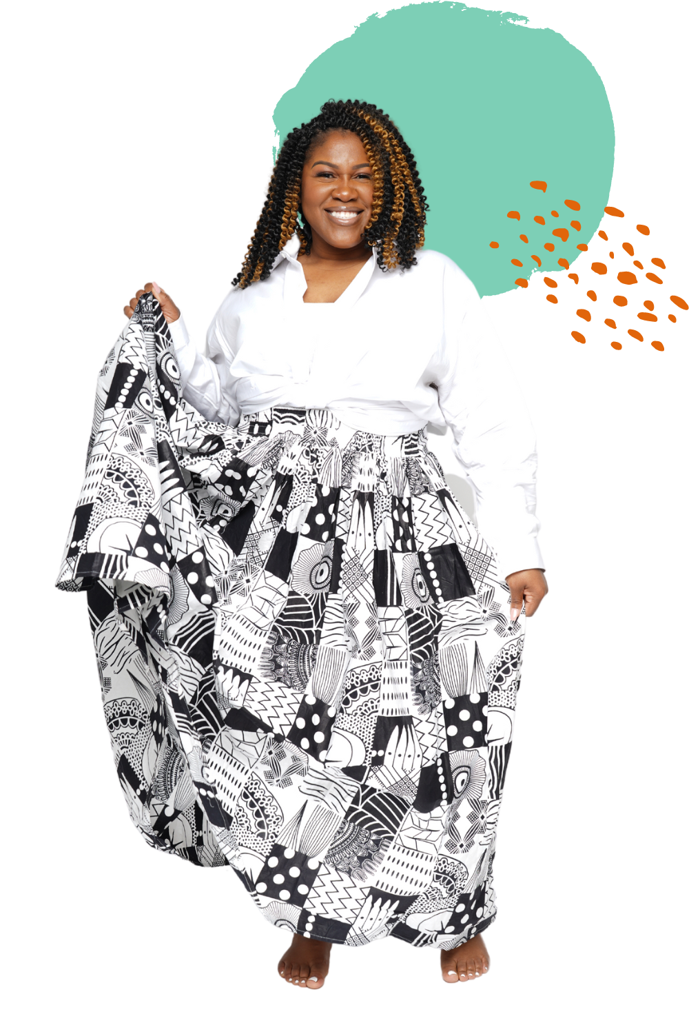 A woman smiling, wearing a white blouse and a black-and-white patterned skirt, standing against a colorful abstract background.