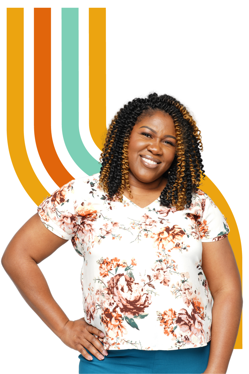 A woman with curly hair and a floral blouse standing against a colorful, geometric background.