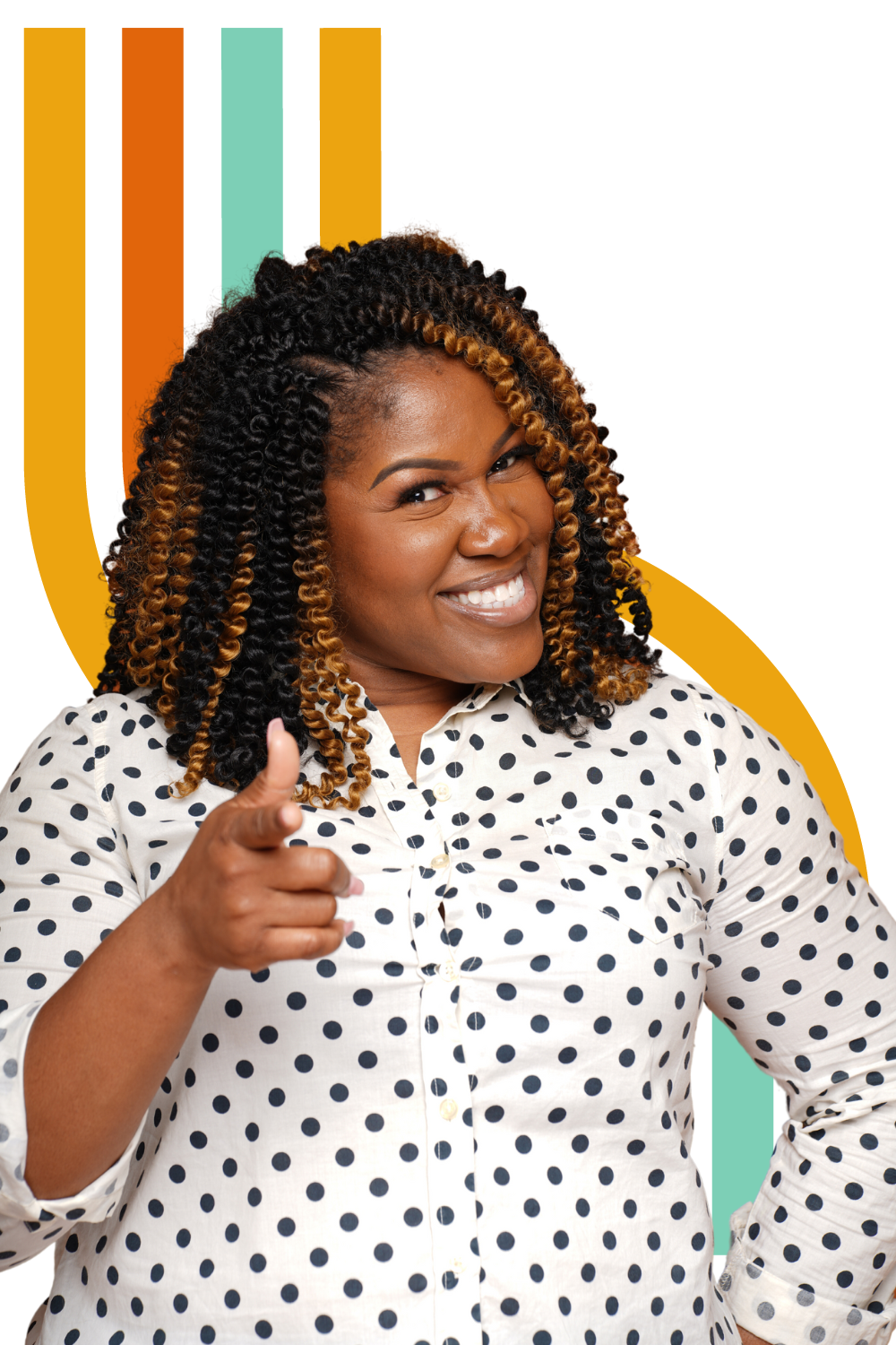 A smiling woman with curly hair giving a thumbs up, wearing a white shirt with black polka dots, against a colorful, abstract background.