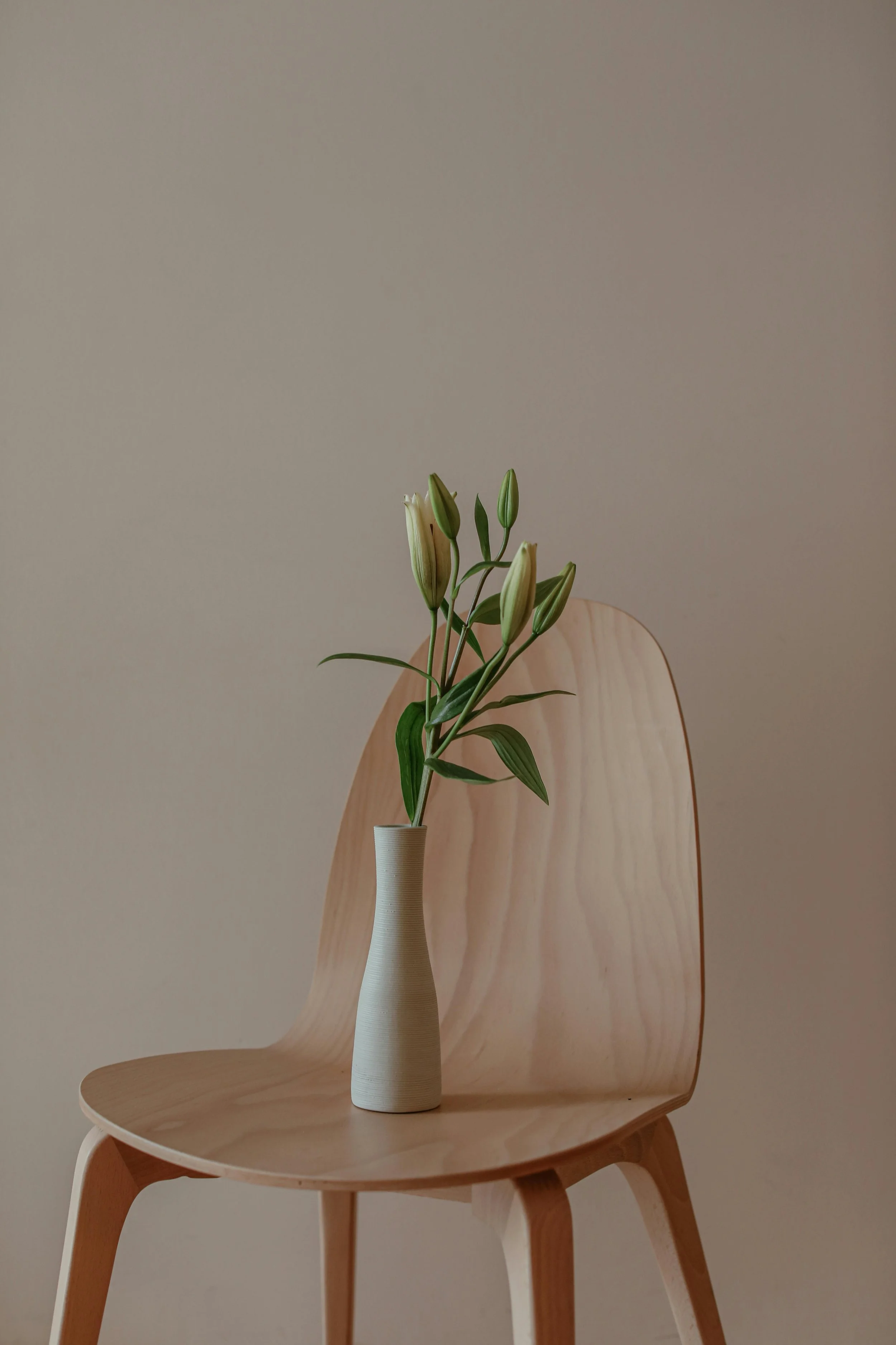 A light-colored wooden chair with a simple design, on which a cream-colored vase with a textured surface is placed, holding a few unopened pale green flower buds and green leaves, set against a plain beige wall.