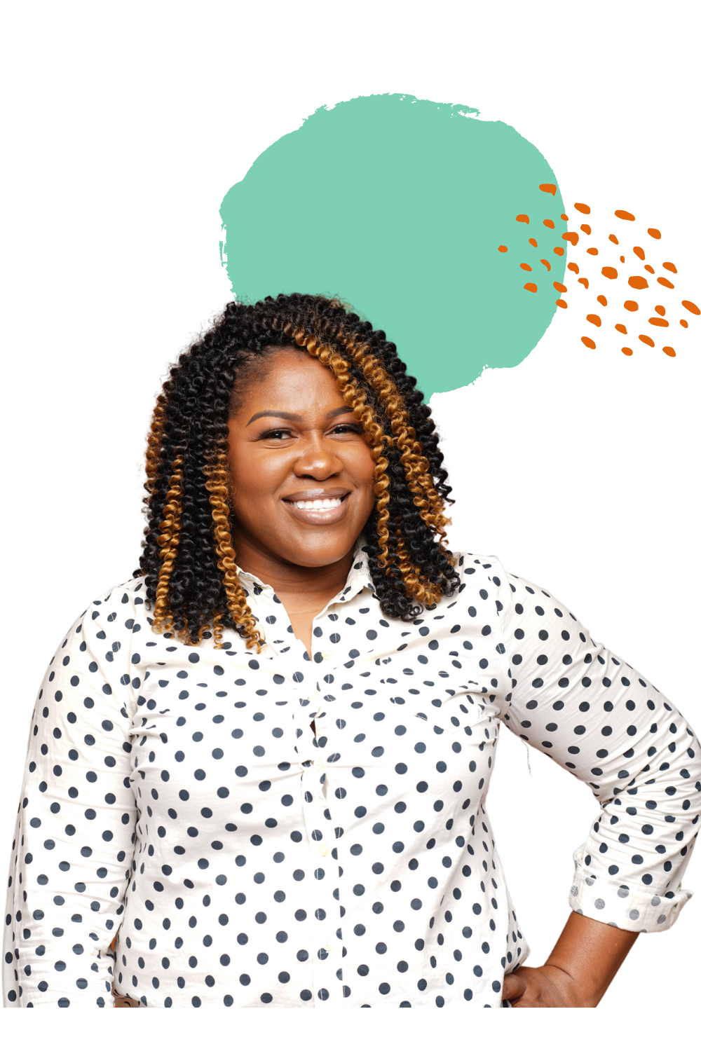 A woman smiling with curly multicolored hair, wearing a white polka-dotted shirt, standing with her hand on her hip and an illustrated speech bubble behind her.