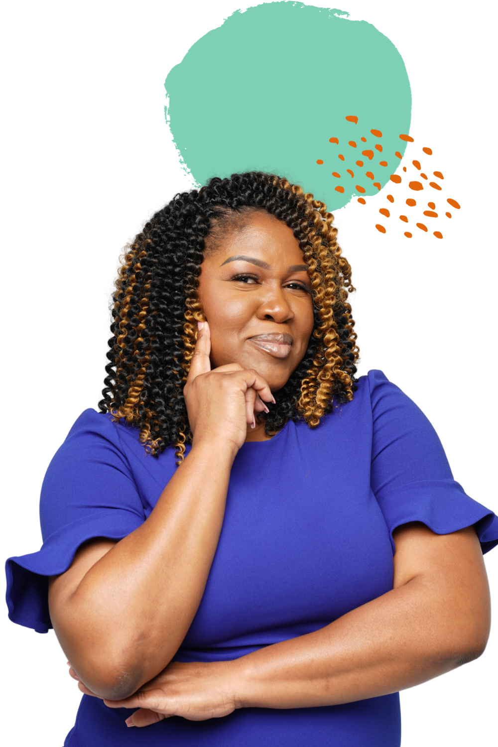 A confident woman, Lisa Ibekwe, with curly two-tone hair wearing a royal blue top, posing with her hand on her chin and a thoughtful expression.