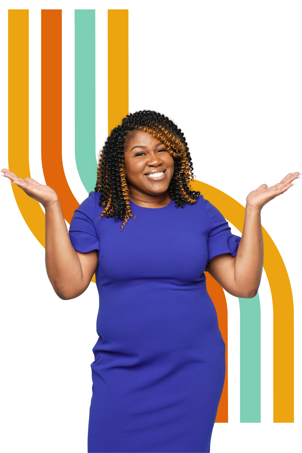 Smiling woman, Lisa Ibekwe, with curly hair in a blue dress with her arms raised, standing in front of a colorful abstract background.