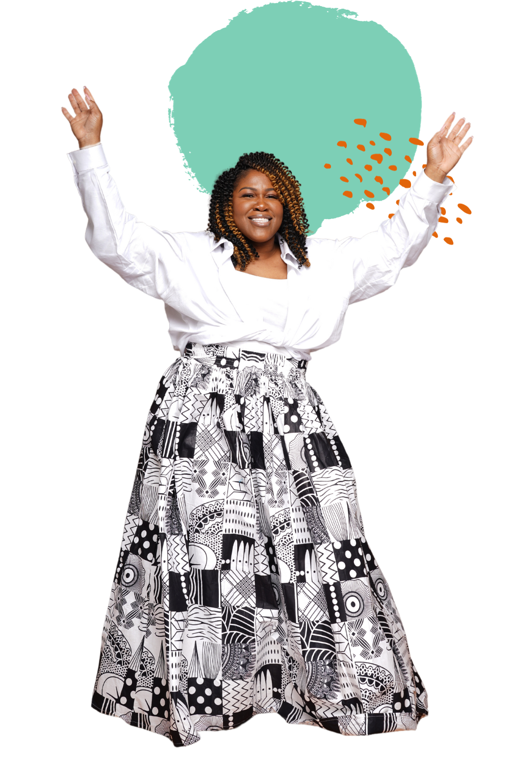 A woman, Lisa Ibekwe, with curly hair wearing a white blouse and a black and white patterned skirt, smiling with arms raised.