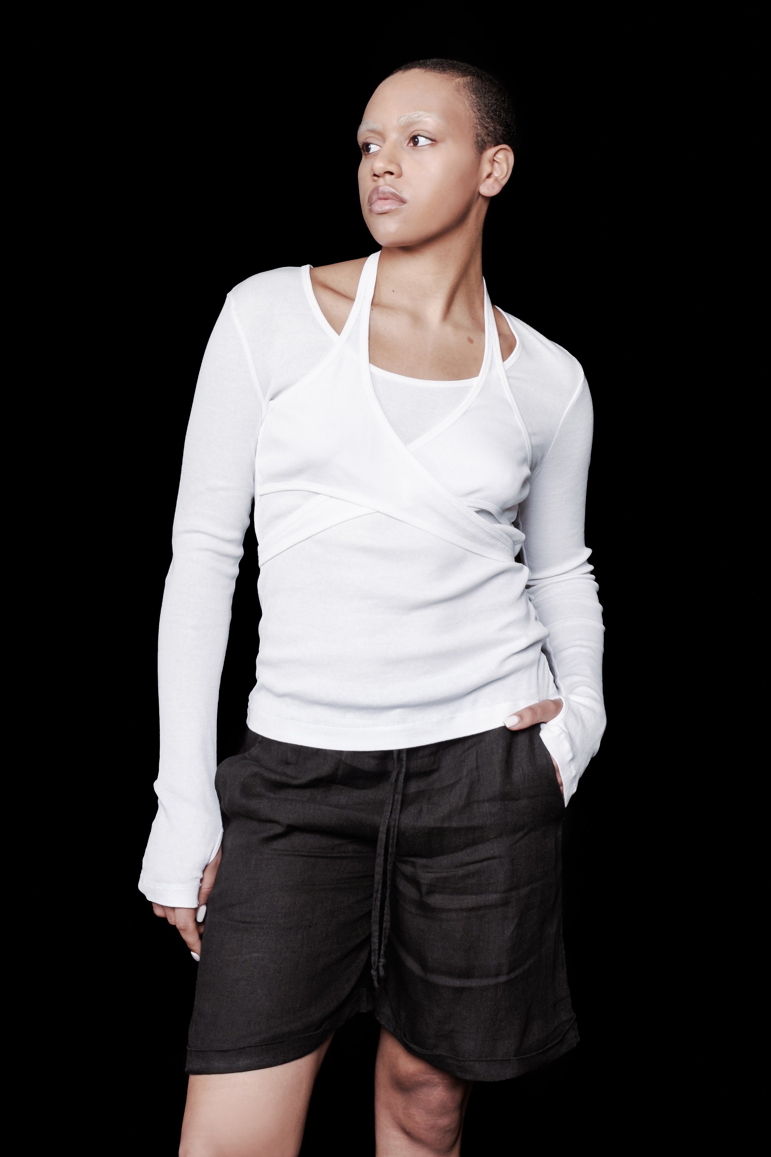 Front view of Helmut Lang long sleeve wrap tank top.