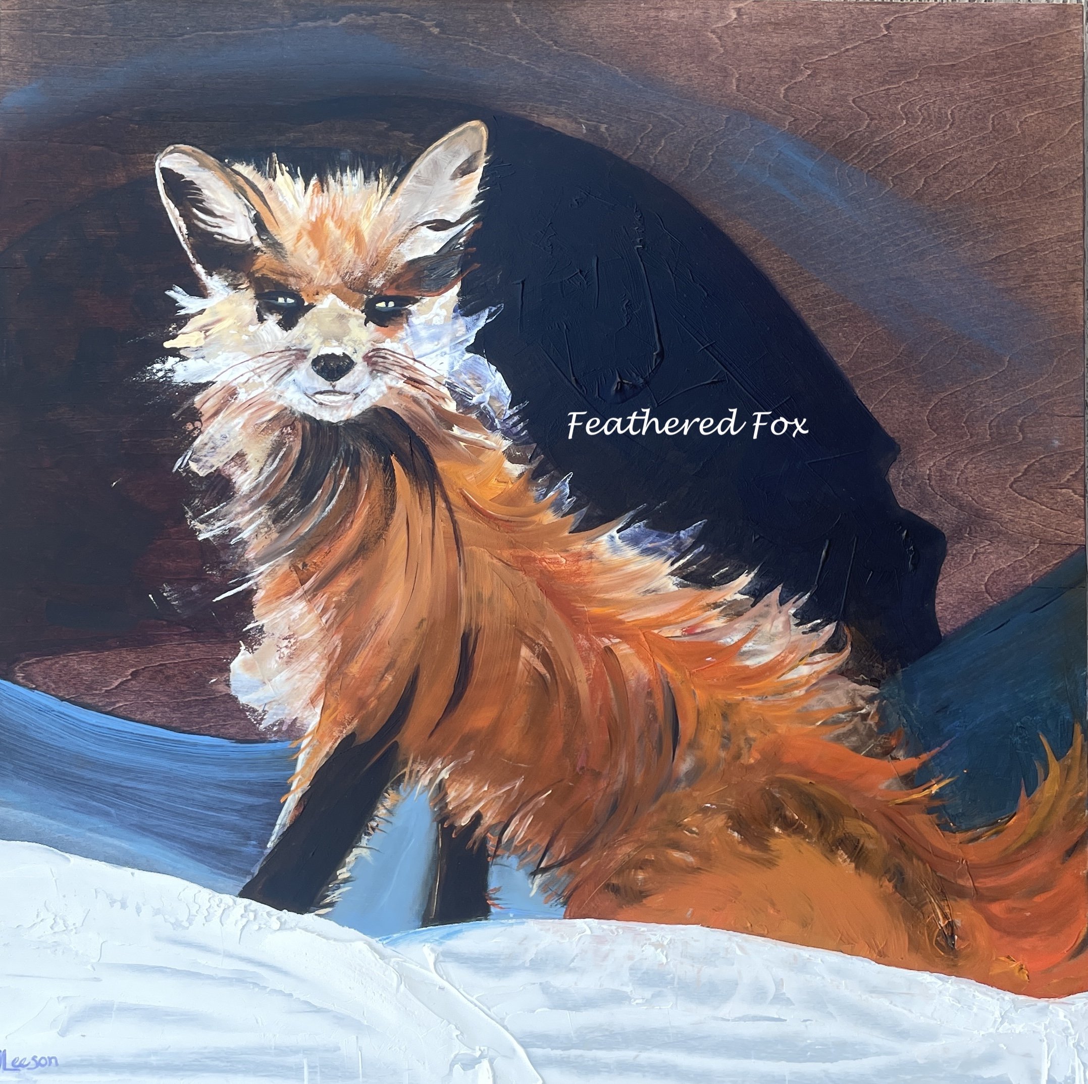 Feathered Fox, Oil on Wood Panel