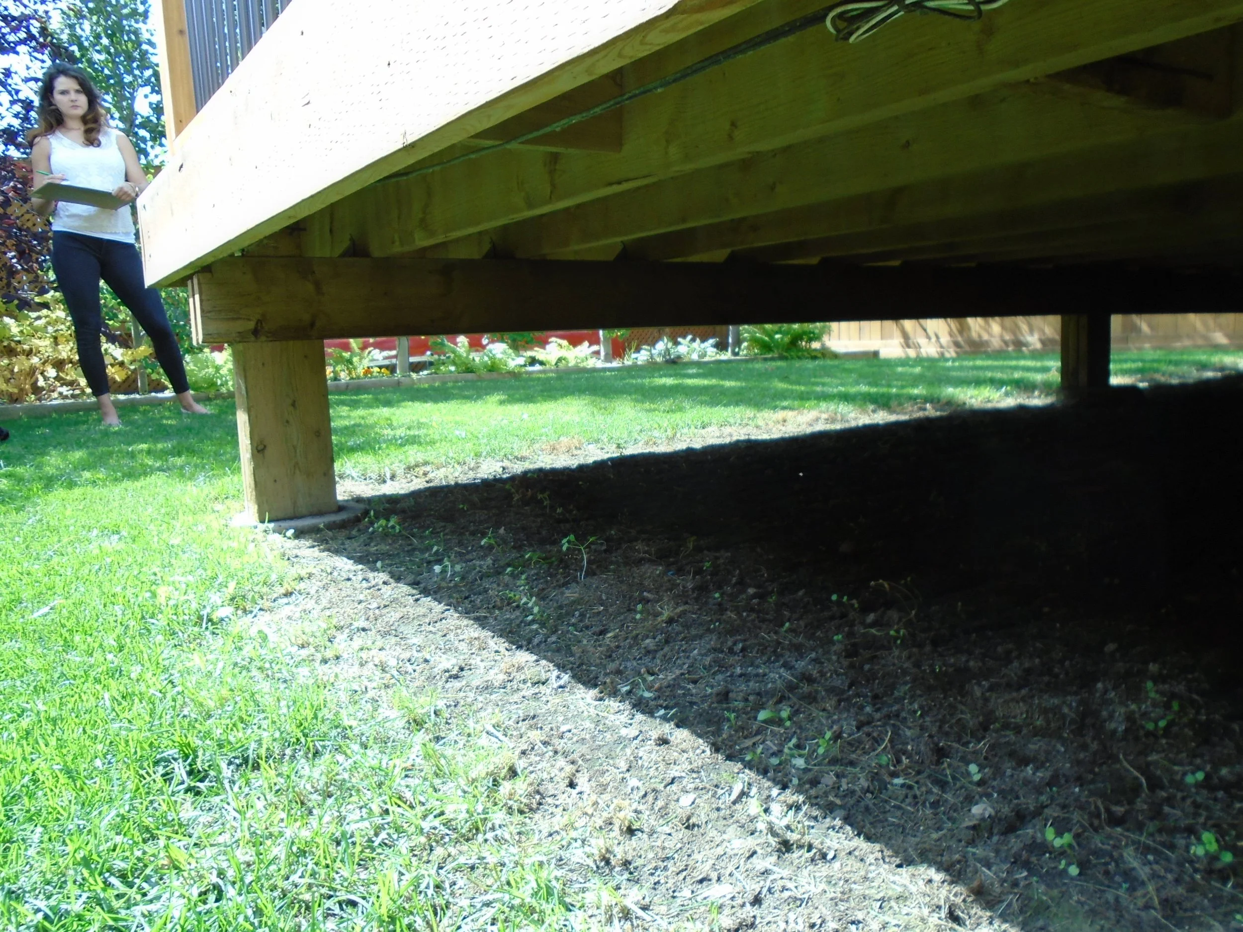 Rear wood deck, including beam, post and joists.