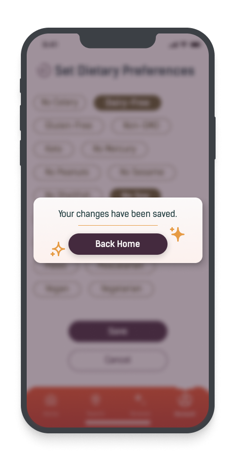 Mobile app screen with a pop-up message indicating changes have been saved and a button labeled 'Back Home'.