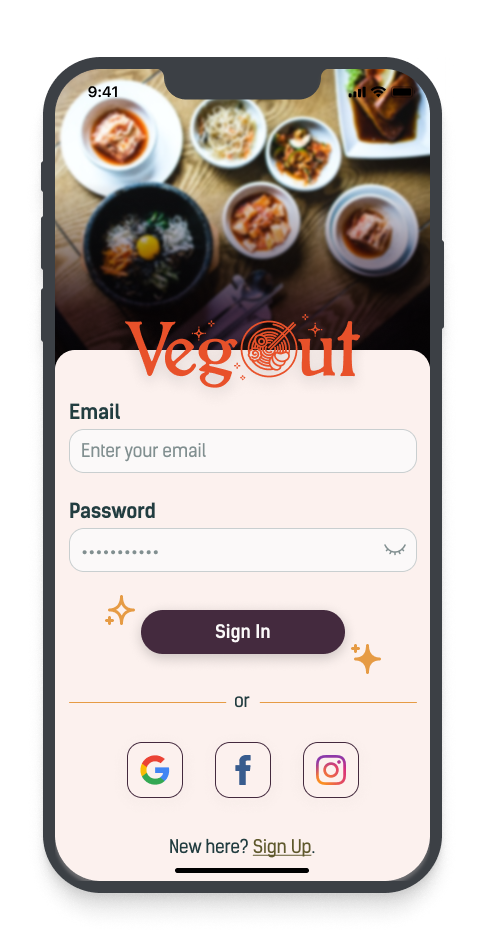 A smartphone screen displaying a food app called VegOut with an image of various bowls of food on a wooden table in the background.