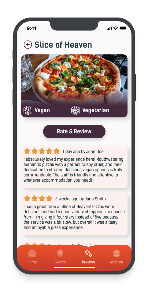 Mobile app screen featuring a pizza restaurant called "Slice of Heaven" with a photo of a pizza topped with greens and various toppings. The app allows selecting vegan or vegetarian options and includes customer reviews and a rate & review button.