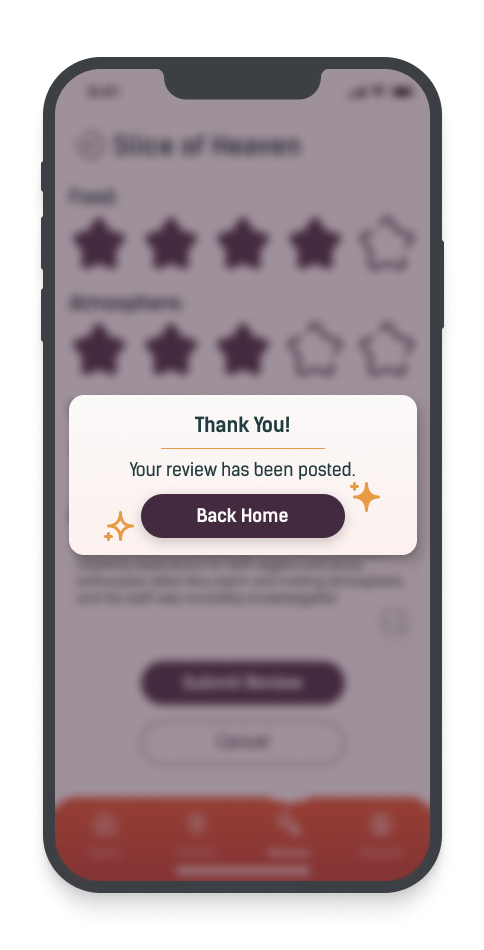 Mobile app screen showing a review submission confirmation with a 4-star rating, a populated atmosphere rating, and a pop-up message saying 'Thank you! Your review has been posted.' with a 'Back Home' button.