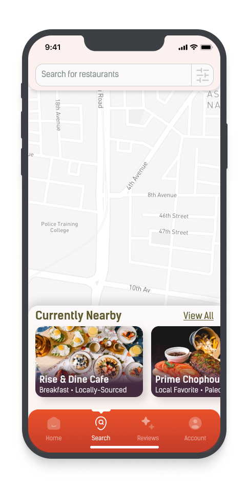 A smartphone screen displaying a food delivery app with a map at the top and nearby restaurant options below, including Rise & Dine Cafe and Prime Chophouse, with a navigation menu at the bottom.