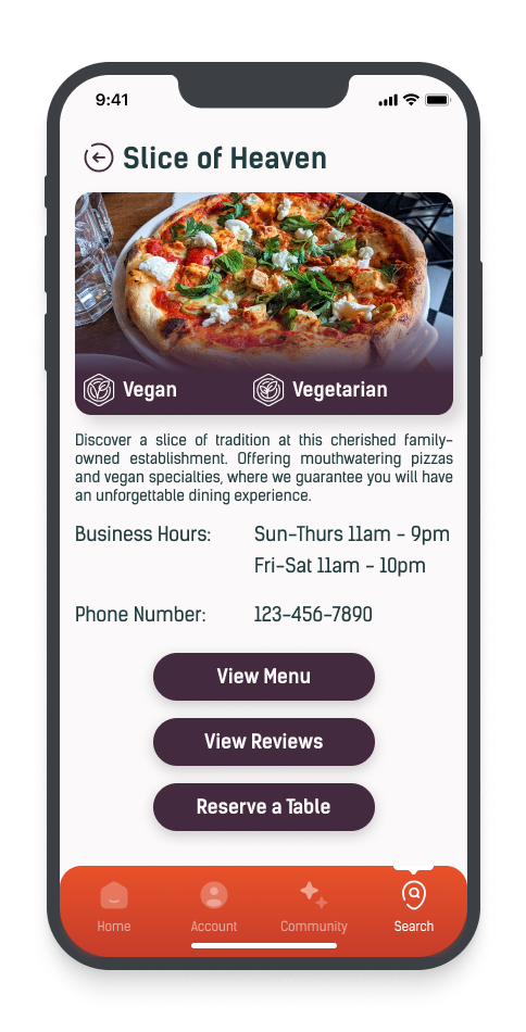 Mobile app screen displaying a restaurant called 'Slice of Heaven' with a picture of a pizza, tags for vegan and vegetarian options, business hours, phone number, and buttons for 'View Menu,' 'View Reviews,' and 'Reserve a Table.'