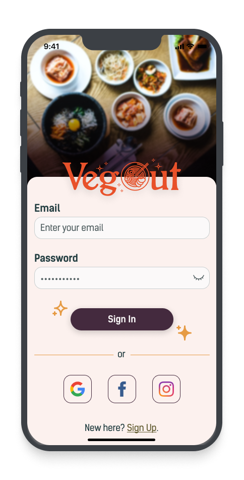A smartphone displaying a login screen for VegOut with a background image of various Japanese dishes on a wooden table.
