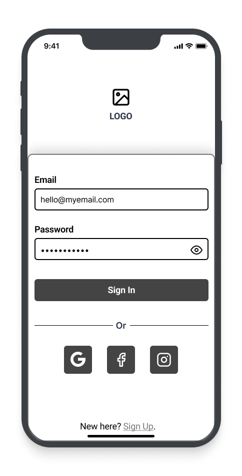 Mobile login screen with logo placeholder, email and password fields, sign-in button, alternative login options with Google, Facebook, and Instagram icons, and a sign-up link.