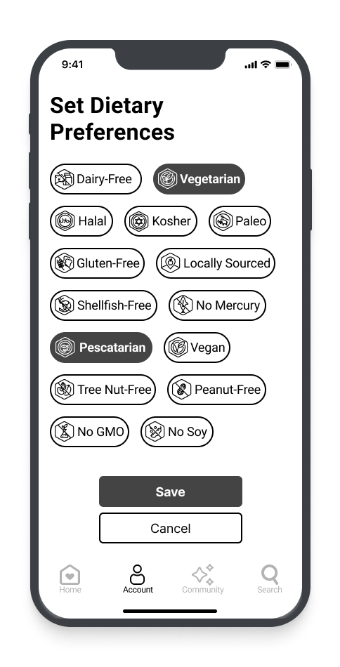 A mobile app screen for setting dietary preferences, with options such as Dairy-Free, Vegetarian, Halal, Kosher, Paleo, Gluten-Free, Locally Sourced, Shellfish-Free, No Mercury, Pescatarian, Vegan, Tree Nut-Free, Peanut-Free, No GMO, and No Soy. Ther
