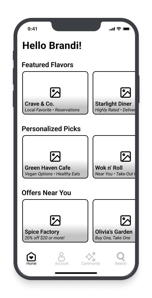 Screenshot of a mobile app homepage with greeting to Brandi, featuring restaurant and meal options, including Crave & Co., Starlight Diner, Green Haven Cafe, Wok n' Roll, Spice Factory, and Olivia's Garden, with navigation icons at the bottom.