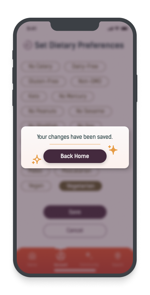 Mobile phone screen showing a confirmation message that says "Your changes have been saved" with a "Back Home" button, and a blurred background of app settings.