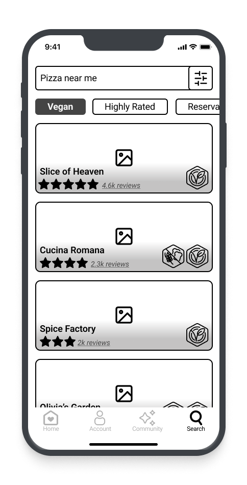 Mobile app screen for finding pizza near me, featuring vegan options, highly rated, and reservations. Listings of pizza places with reviews and ratings.