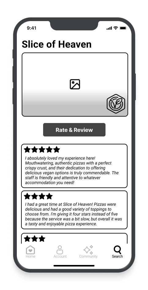 An iPhone screen displaying a mobile app review page for 'Slice of Heaven' restaurant, with star ratings and customer reviews, and navigation icons at the bottom.