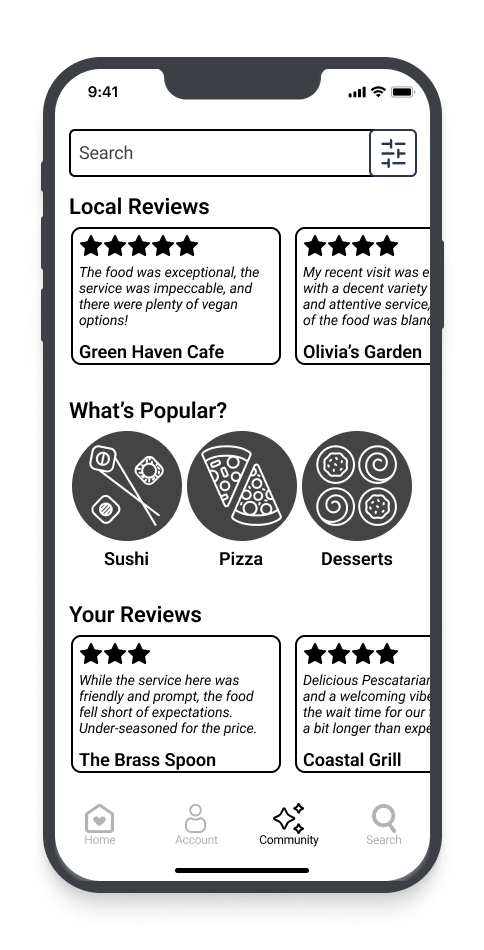 Mobile app screen showing local reviews, popular food categories, and personal reviews for restaurants, with navigation buttons at the bottom.